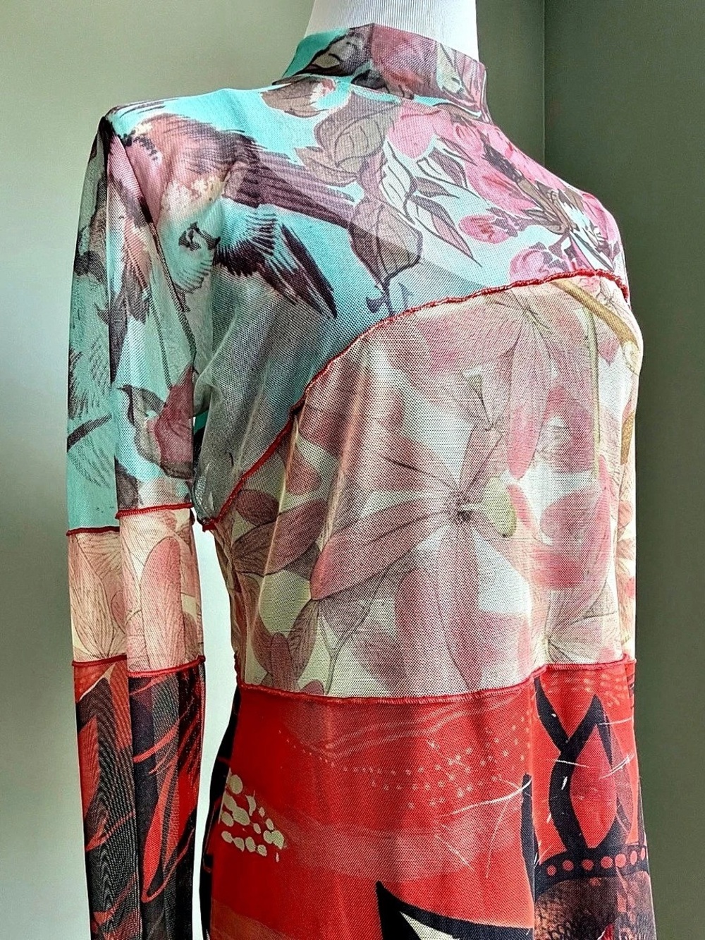 Desigual Floral Mesh Long Sleeve Top + tank top in Red & Blue XL New w/o tags